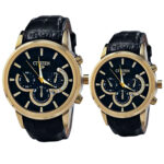 ست ساعت مچی عقربه‌ای کوارتز زنانه و مردانه مدل تک موتور بند فیکس قفل پروانه ای کد 008