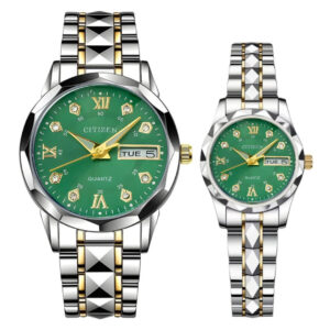 ست ساعت مچی عقربه‌ای زنانه و مردانه مدل کوارتز دو تقویم دی دیت الماسی کد 02