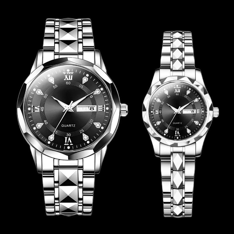 ست ساعت مچی عقربهای زنانه و مردانه مدل کوارتز الماسی دو تقویم کد 104 ست ساعت مچی عقربهای زنانه و مردانه مدل کوارتز الماسی دو تقویم کد 104