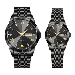 ست ساعت مچی عقربه‌ای کوارتز زنانه و مردانه مدل کلاسیک لوکس دی دیت بند استیل طرح بافت کد ۱.۵