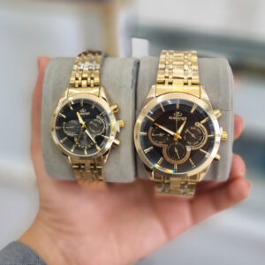 ست ساعت مچی عقربه‌ای کوارتز زنانه و مردانه مدل کلاسیک تک موتوره بند فلزی کد E1