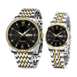 ست ساعت مچی عقربه‌ای کوارتز زنانه و مردانه مدل کلاسیک لوکس دی دیت بند استیل طرح بافت کد ۲