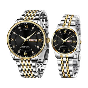 ست ساعت مچی عقربه‌ای کوارتز زنانه و مردانه مدل کلاسیک لوکس دی دیت بند استیل طرح بافت کد ۲